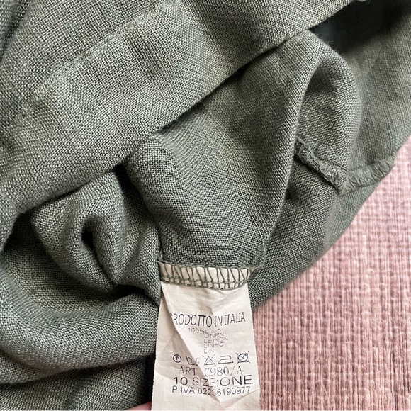 Olive Green Button Down Lagenlook 100% Linen Button Up Blouse Top - Picture 4 of 4